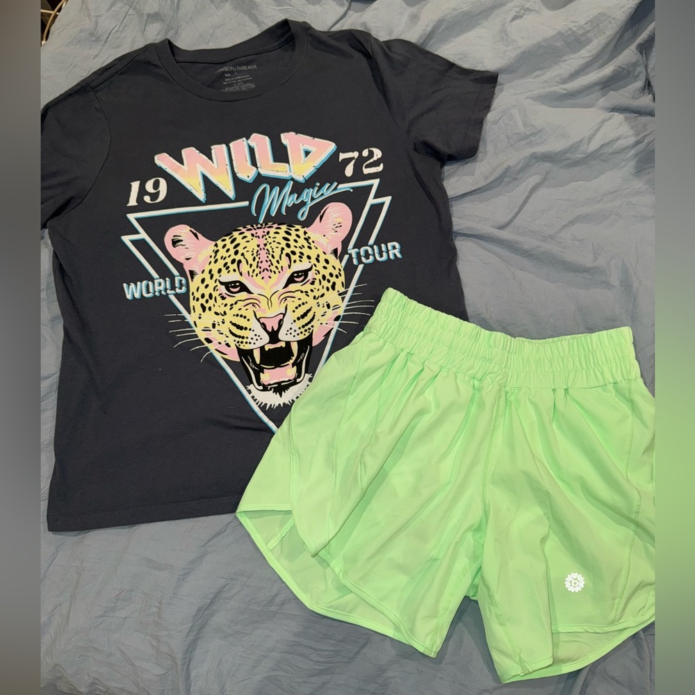 Boutique Graphic Tee and Neon Green Athletic Shorts bundle